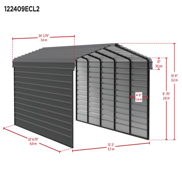 Arrow Steel Carport with 2 Side Wall Kits, 12x24x09