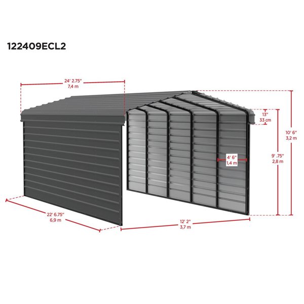 Arrow 12 W x 24 L x 9-ft H Charcoal Galvanized Steel Carport w/ 2-Sided Enclosure