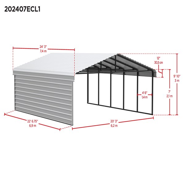 Arrow Steel Carport with 1 Side Wall Kit, 20x24x07