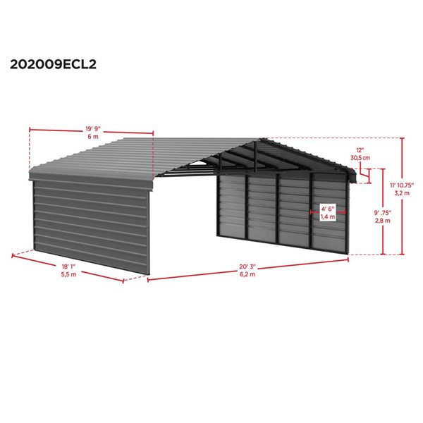 Arrow 20 W x 20 L x 9-ft H Eggshell Galvanized Steel Carport w/ 2-Sided Enclosure