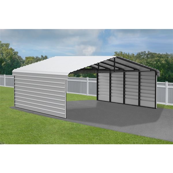 Arrow 20 W x 20 L x 9-ft H Eggshell Galvanized Steel Carport w/ 2-Sided Enclosure