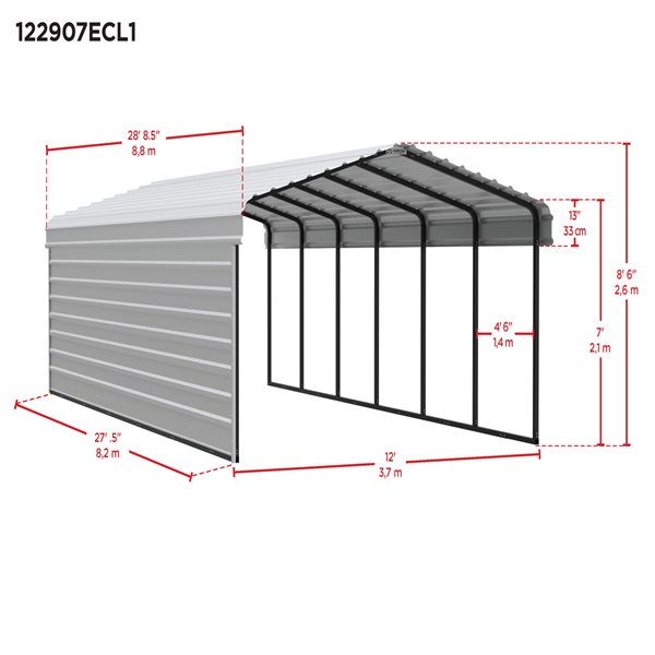 Arrow Steel Carport with 1 Side Wall Kit, 12X29X07