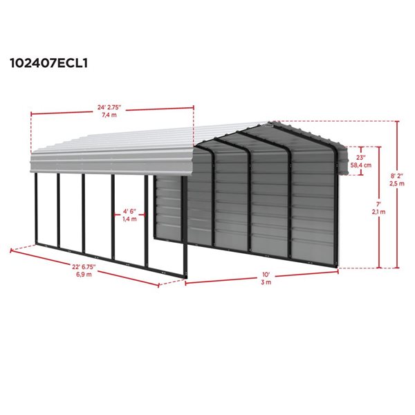 Arrow 10 W x 24 L x 7-ft H Charcoal Galvanized Steel Carport w/ 1-Sided Enclosure