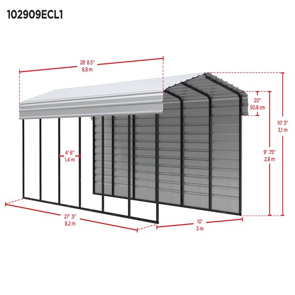 Arrow Steel Carport with 1 Side Wall Kit, 10x29x09