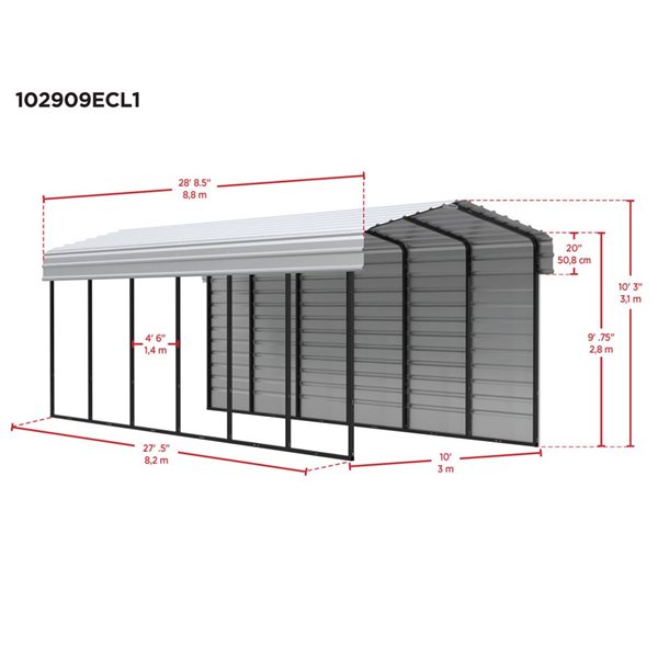 Arrow 10 W x 29 L x 9-ft H Charcoal Galvanized Steel Carport w/ 1-Sided Enclosure