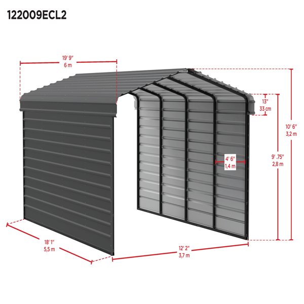 Arrow Steel Carport with 2 Side Wall Kits, 12x20x09