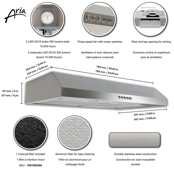 ariChqn•̩͡•ʔ*•.✮ ARIA 30-in Under Cabinet Range Hood 380 Max Airflow CFM, 3 Fan