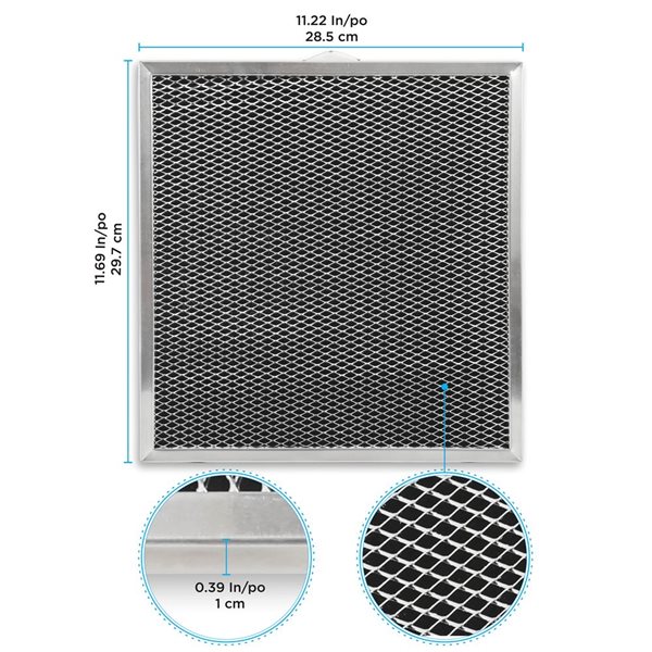 Jeu de 4 filtres à charbon en aluminium pour hottes sans évent Aria pour Broan QT20000 30 po, 11,22 x 11,69 x 0,39 po