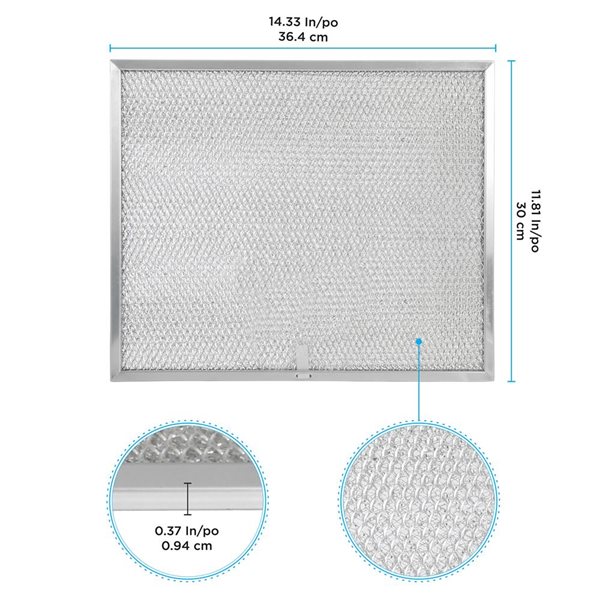 Jeu de 4 filtres à graisse à mailles d'aluminium Aria pour hottes à conduit Allure Broan 30 po, 11,81 x 14,33 x 0,37 po