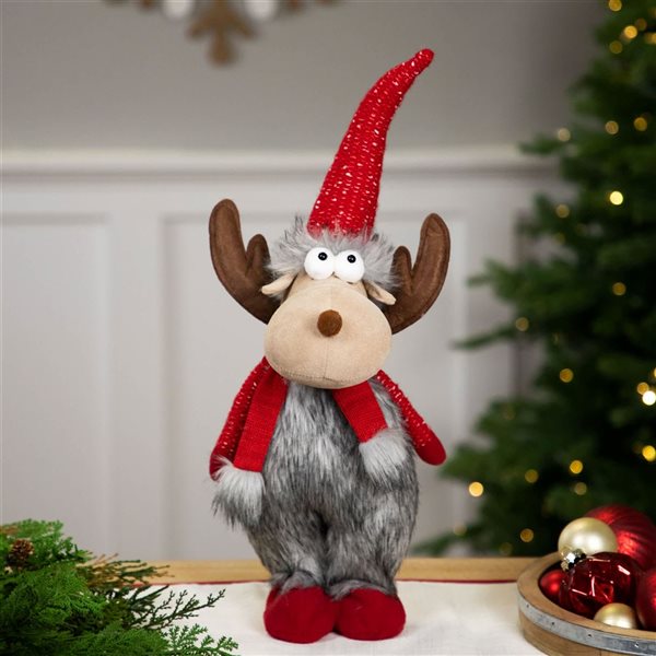 Northlight 20-in H Grey/Red Standing Plush Moose Christmas Figurine