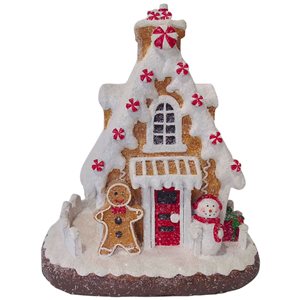 Northlight 11 H x 9.75-in W Snowy Gingerbread Peppermint House with Snowman Christmas Decoration