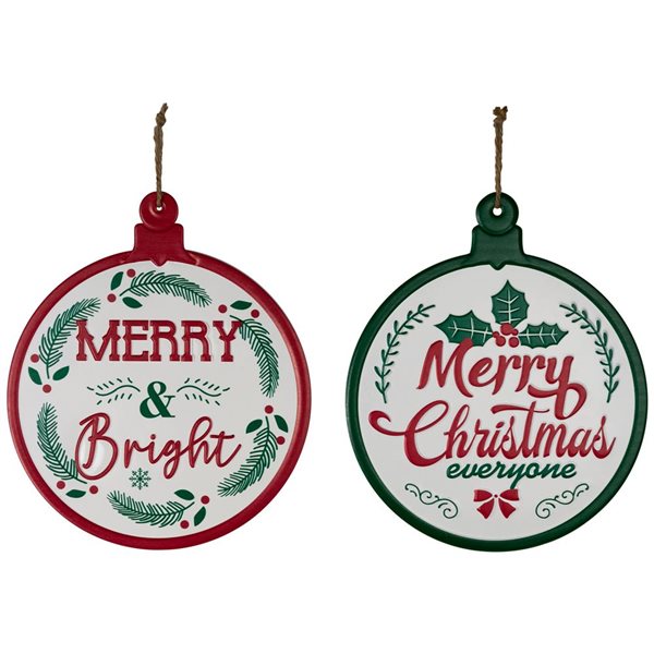 Northlight 14 H x 11.75-in W Red/Green Merry and Bright Ornament Style Metal Christmas Wall Signs - Set of 2