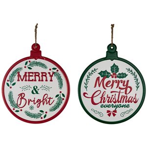 Northlight 14 H x 11.75-in W Red/Green Merry and Bright Ornament Style Metal Christmas Wall Signs - Set of 2