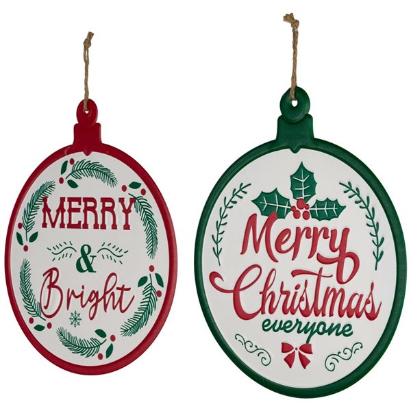 Northlight 14 H x 11.75-in W Red/Green Merry and Bright Ornament Style Metal Christmas Wall Signs - Set of 2