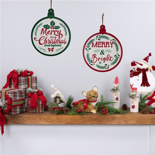 Northlight 14 H x 11.75-in W Red/Green Merry and Bright Ornament Style Metal Christmas Wall Signs - Set of 2