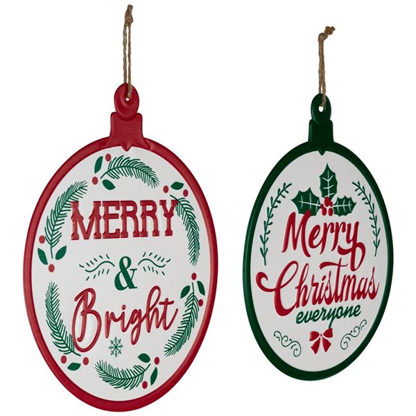 Northlight 14 H x 11.75-in W Red/Green Merry and Bright Ornament Style Metal Christmas Wall Signs - Set of 2