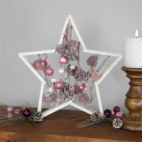 Northlight 14.5 H x 15.25-in W Pink/White Birch Wood Ornaments and Pinecones Star-Shaped Christmas Decoration