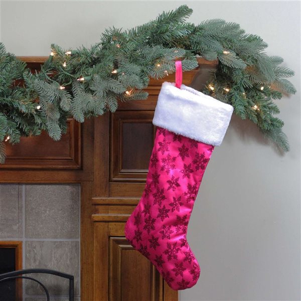 Northlight 20.5-in Pink Sequin Snowflake Christmas Stocking with Faux Fur Cuff