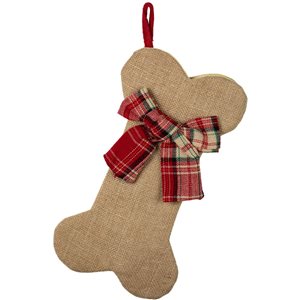 Northlight 14-in Brown Jute/Polyester Burlap Dog Bone-Shaped Christmas Stocking with Red Plaid Bow