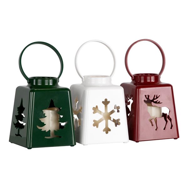 Northlight Green/White/Red LED Lighted Tree, Snowflake and Reindeer Christmas Candle Lanterns - Set of 3
