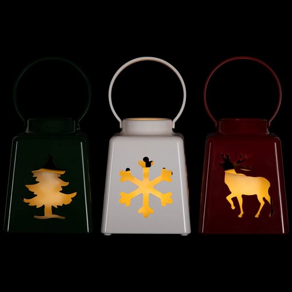 Northlight Green/White/Red LED Lighted Tree, Snowflake and Reindeer Christmas Candle Lanterns - Set of 3