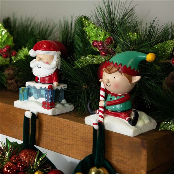 Northlight 5-in H Resin Santa and Elf Christmas Stocking Holders - Set of 2