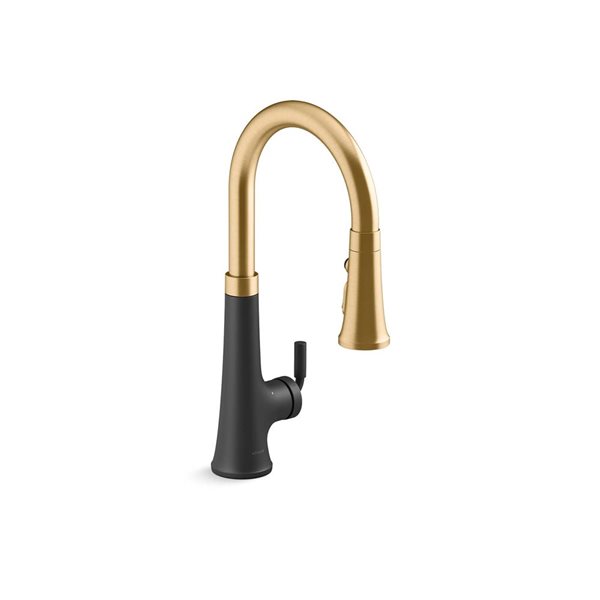 KOHLER Tone Matte Black and Brass Single-Handle Deck-Mount Touchless Pull-Down Kitchen Faucet w/ Spray Head