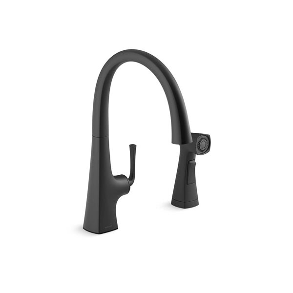 KOHLER Graze Matte Black Single-Handle Deck-Mount High-Arc Kitchen Faucet w/ Side Sprayer