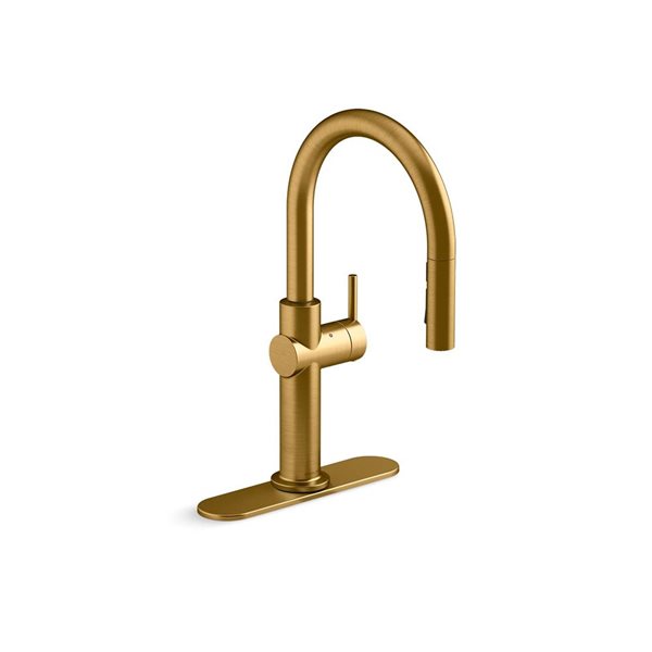 KOHLER Crue Brushed Brass Single-Handle Deck-Mount Touchless Pull-Down Kitchen Faucet w/ Spray Head