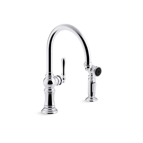 KOHLER Artifacts Polished Chrome Single-Handle Deck-Mount High-Arc Kitchen Faucet w/ Spray Head