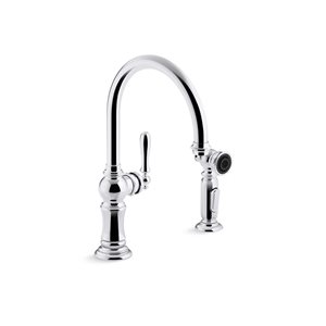 KOHLER Artifacts Polished Chrome Single-Handle Deck-Mount High-Arc Kitchen Faucet w/ Spray Head