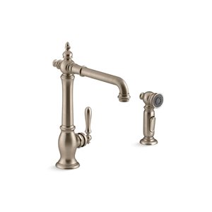 KOHLER Artifacts Brushed Bronze Single-Handle Deck-Mount High-Arc Kitchen Faucet w/ Side Sprayer