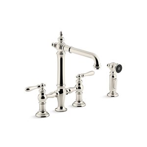 KOHLER Artifacts Polished Nickel 2-Handle Deck-Mount Bridge Kitchen Faucet w/ Side Sprayer