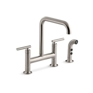 KOHLER Purist Stainless Single-Handle Deck-Mount High-Arc 2-Hole Kitchen Faucet w/ Side Sprayer