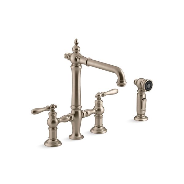 KOHLER Artifacts Brushed Bronze 2-Handle Wall-Mount Bridge Kitchen Faucet w/ Side Sprayer