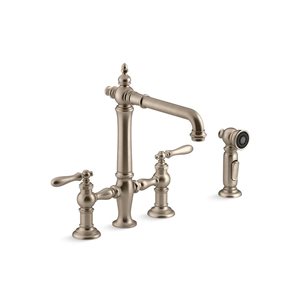 KOHLER Artifacts Brushed Bronze 2-Handle Wall-Mount Bridge Kitchen Faucet w/ Side Sprayer