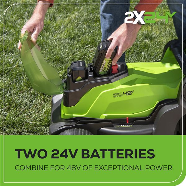 Greenworks 48V (2x24V) 17-in Lawn Mower, (2) 4.0Ah Batteries and