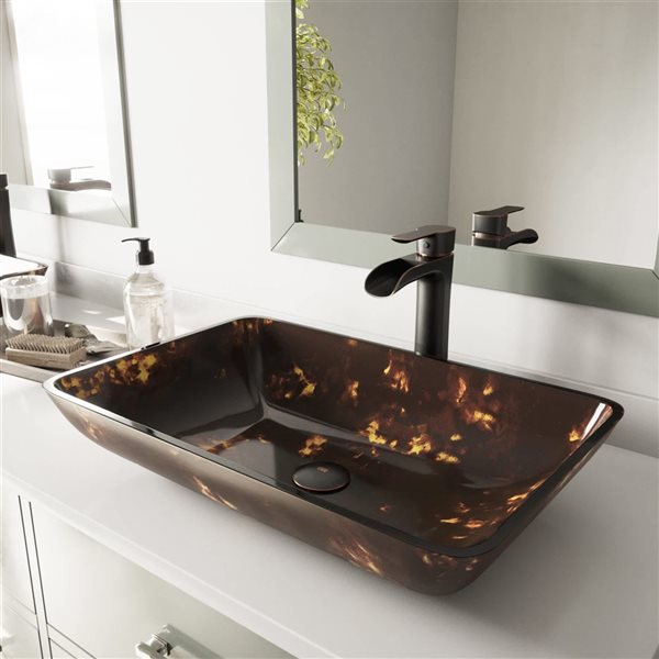 VIGO Brown and Gold Fusion Glass Rectangular Vessel Bathroom Sink