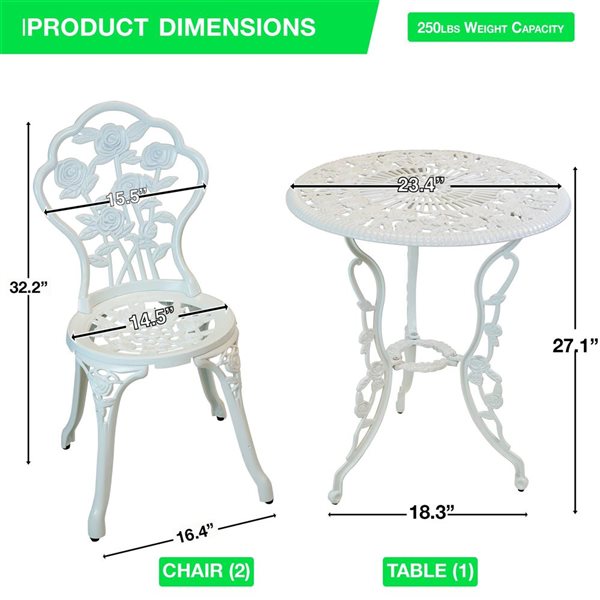 Think Patio 3-Piece Bistro White Rose Garden Set w/ 2 Chairs