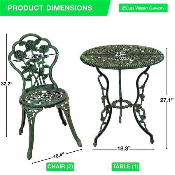 Think Patio 3-Piece Bistro Green Rose Garden Set w/ 2 Chairs