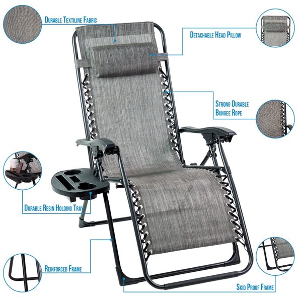 Think Patio Set of 2 Grey Zero-Gravity Chairs w/ Foot Cover and Big Cupholder