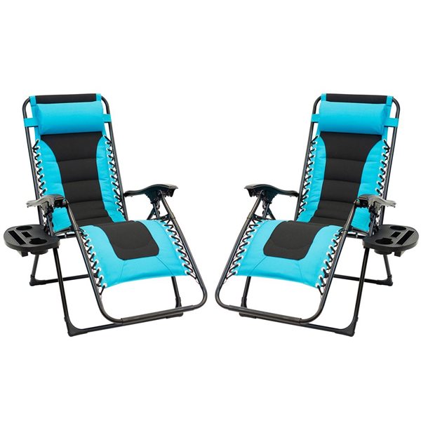 Think Patio Set of 2 Black and Blue Padded Zero-Gravity Chairs w/ Foot Cover and Big Cupholder