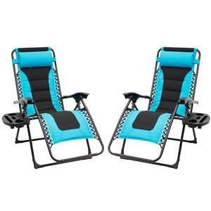 Think Patio Set of 2 Black and Blue Padded Zero-Gravity Chairs w/ Foot Cover and Big Cupholder