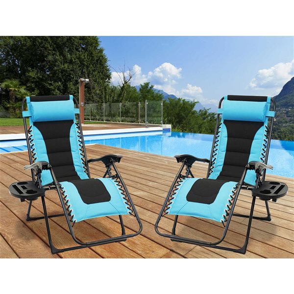 Lot de 2 chaises à gravité Think Patio bleu rembourré avec couvre-pieds et grand porte-gobelet