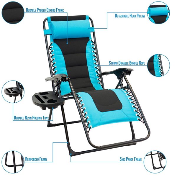 Think Patio Set of 2 Black and Blue Padded Zero-Gravity Chairs w/ Foot Cover and Big Cupholder