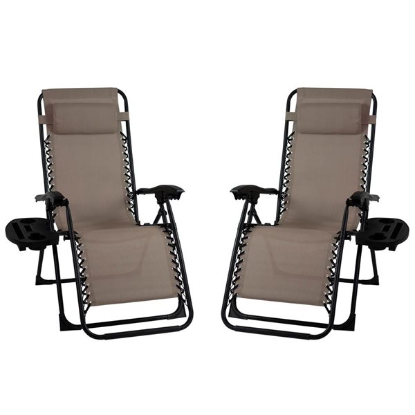 Lot de 2 chaises à gravité Think Patio taupe avec couvre-pieds et grand porte-gobelet