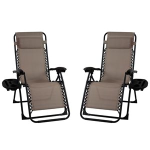 Lot de 2 chaises à gravité Think Patio taupe avec couvre-pieds et grand porte-gobelet