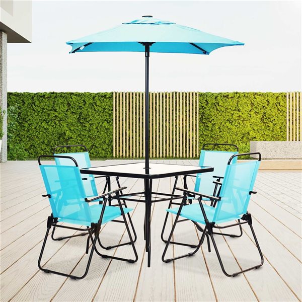 Think Patio 6-Piece Patio Foldable Bistro Set w/ Aqua Blue Umbrella