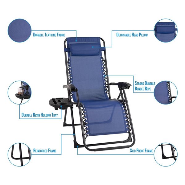 Think Patio Set of 2 Blue Zero-Gravity Chairs w/ Foot Cover and Big Cupholder