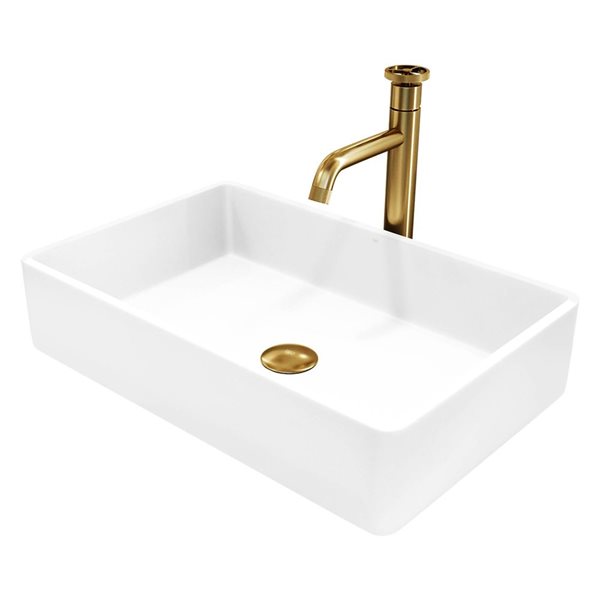 VIGO Magnolia White Matte Stone Rectangular Vessel 21 L x 14-in W Bathroom Sink w/ Gold Cass Faucet and Pop-Up Drain